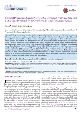 Andri (2020). Physical Properties, Crude Nutrient Content, and Nutritive Values of Fish Meals Produced from Overflowed Fishes for Laying Quails