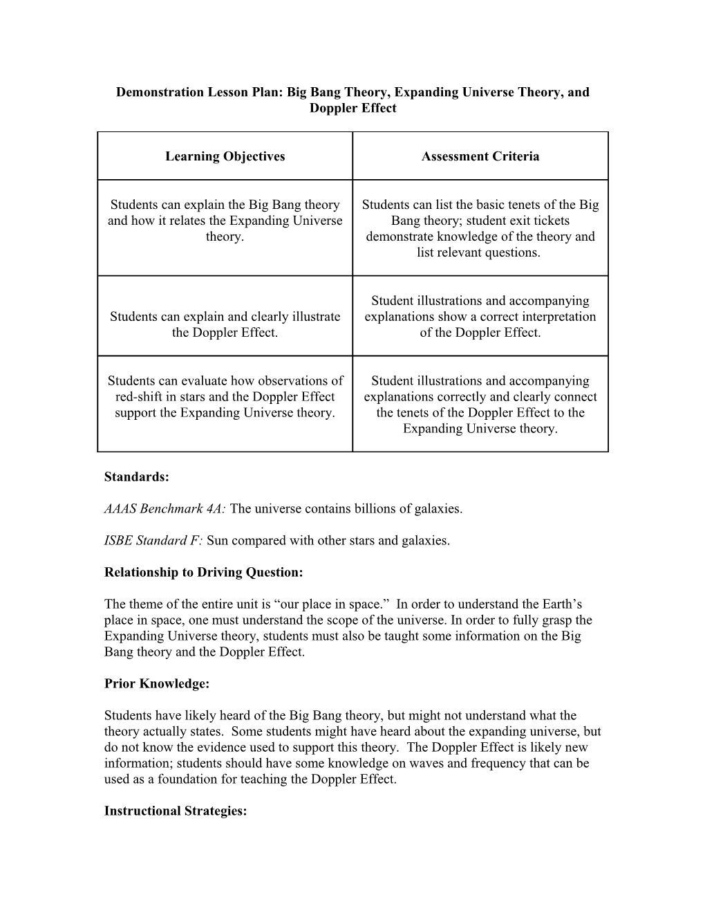 Demonstration Lesson Plan: Big Bang Theory, Expanding Universe Theory, And Doppler Effect