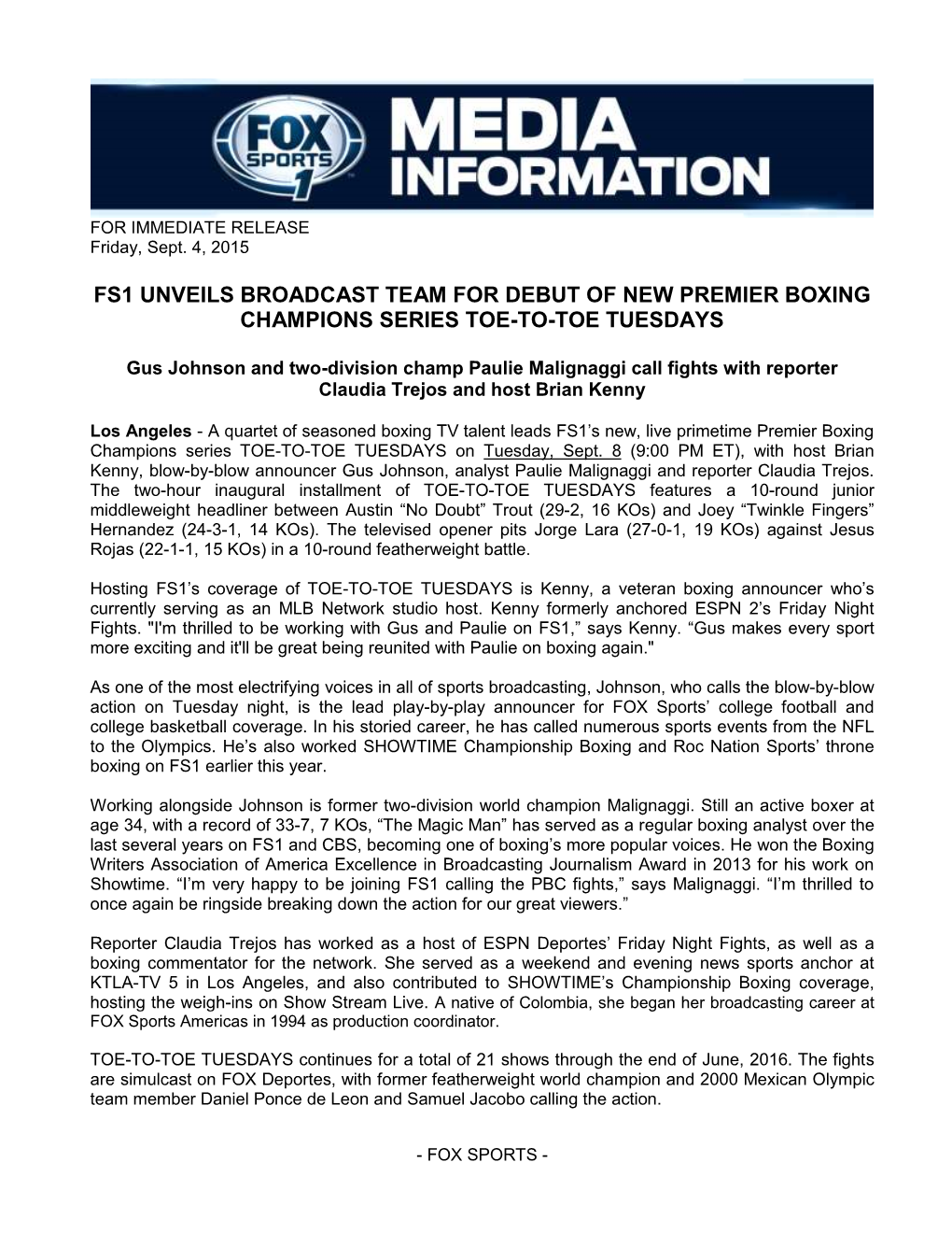 Fs1 Unveils Broadcast Team for Debut of New Premier Boxing Champions Series Toe-To-Toe Tuesdays