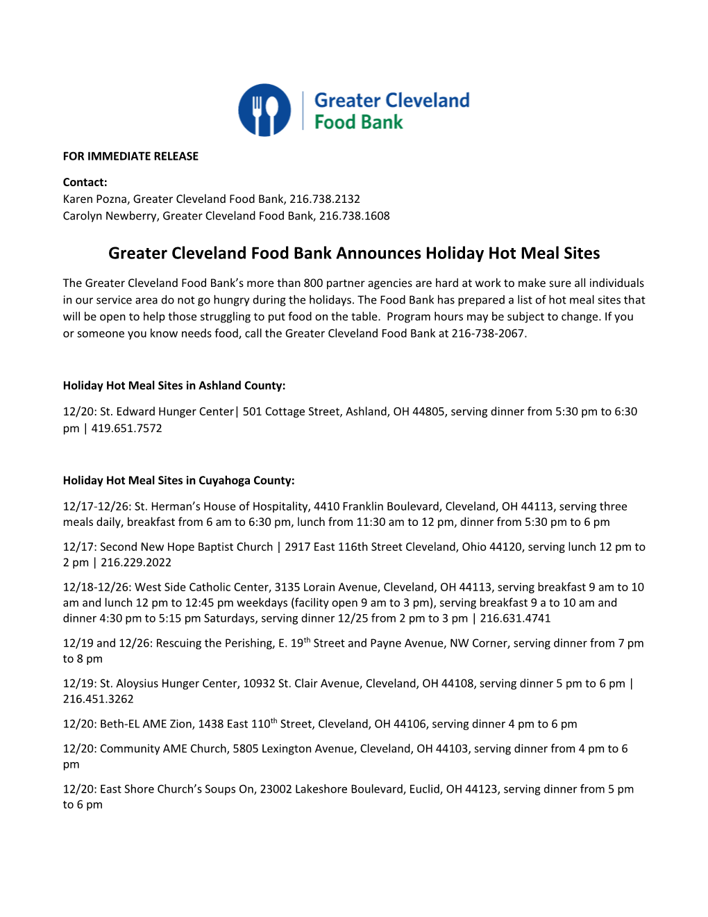 Greater Cleveland Food Bank Announces Holiday Hot Meal Sites