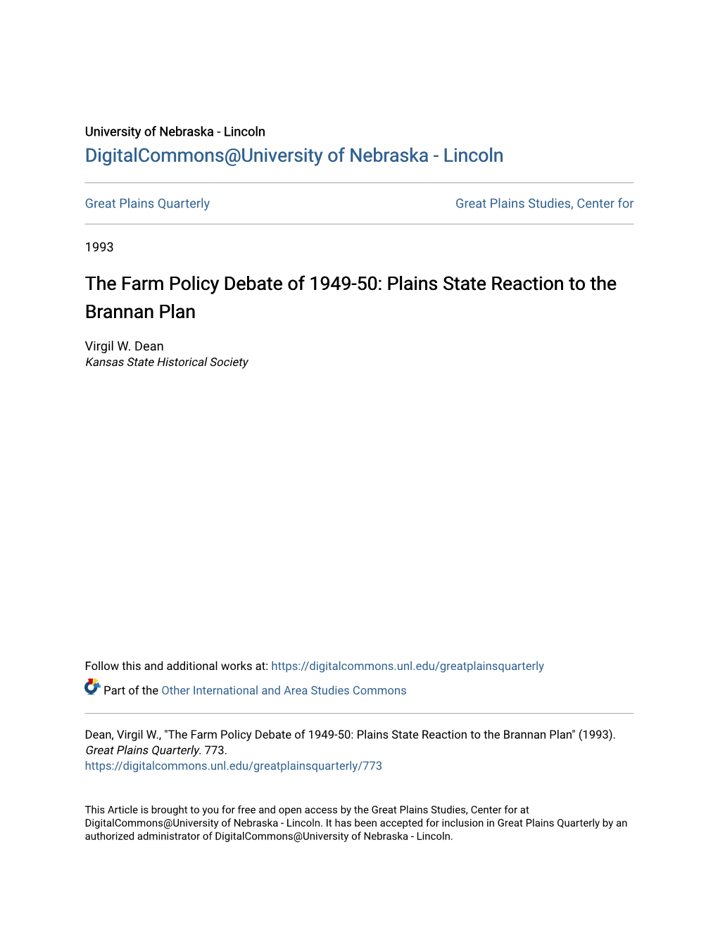 The Farm Policy Debate of 1949-50: Plains State Reaction to the Brannan Plan