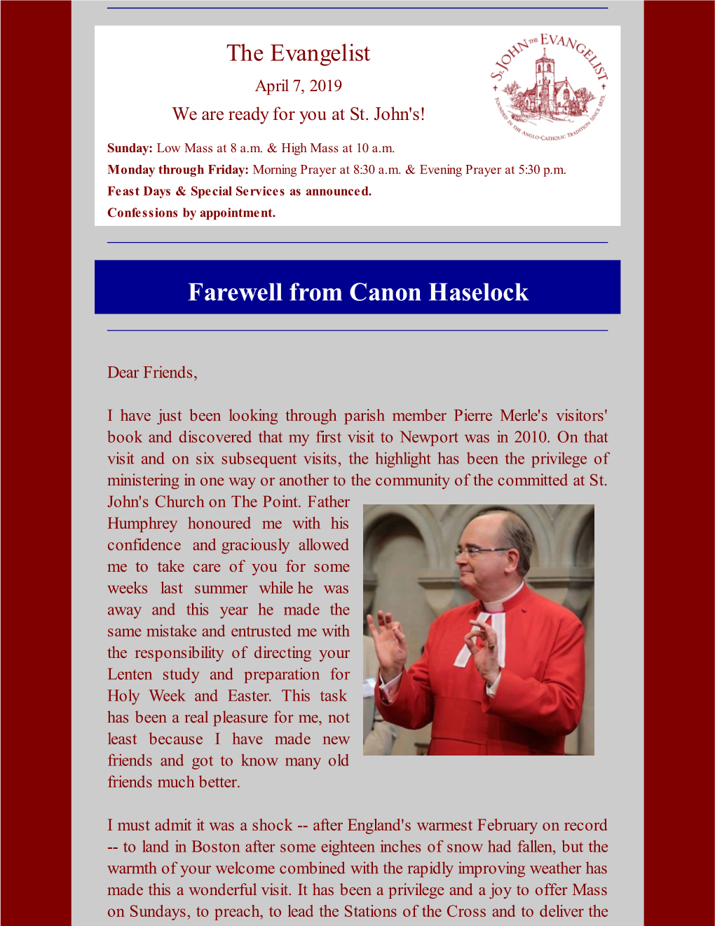 Farewell from Canon Haselock