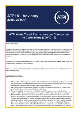ATPI NL Advisory 2020 / 26 MAR