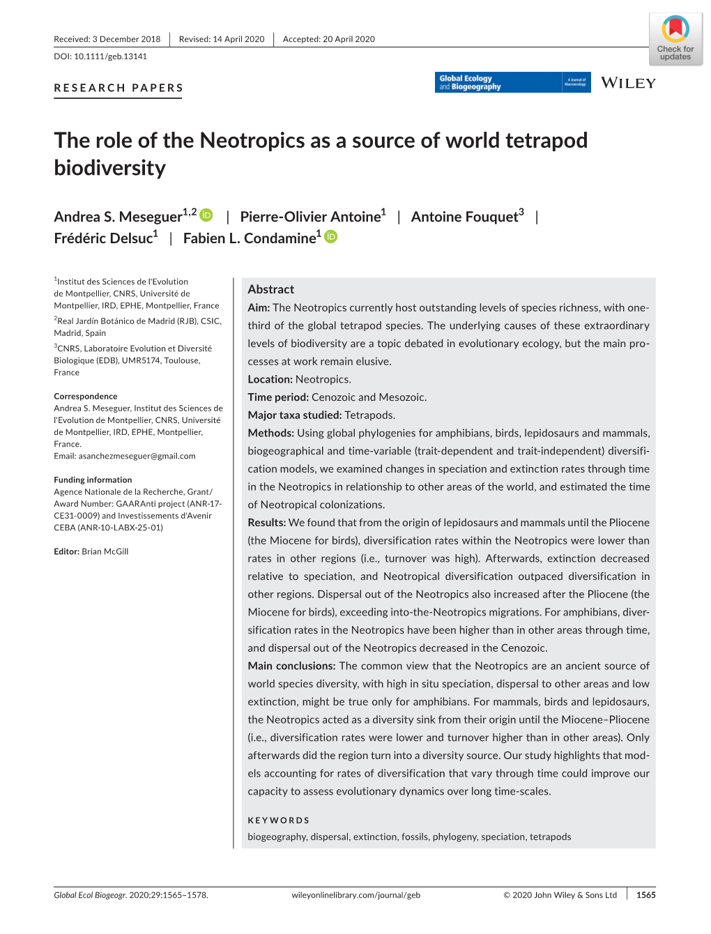 The Role of the Neotropics As a Source of World Tetrapod Biodiversity