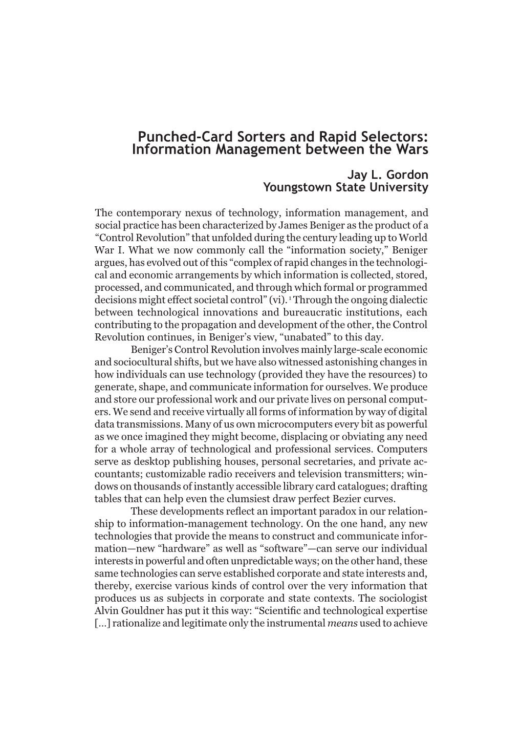 Punched-Card Sorters and Rapid Selectors: Information Management Between the Wars Jay L