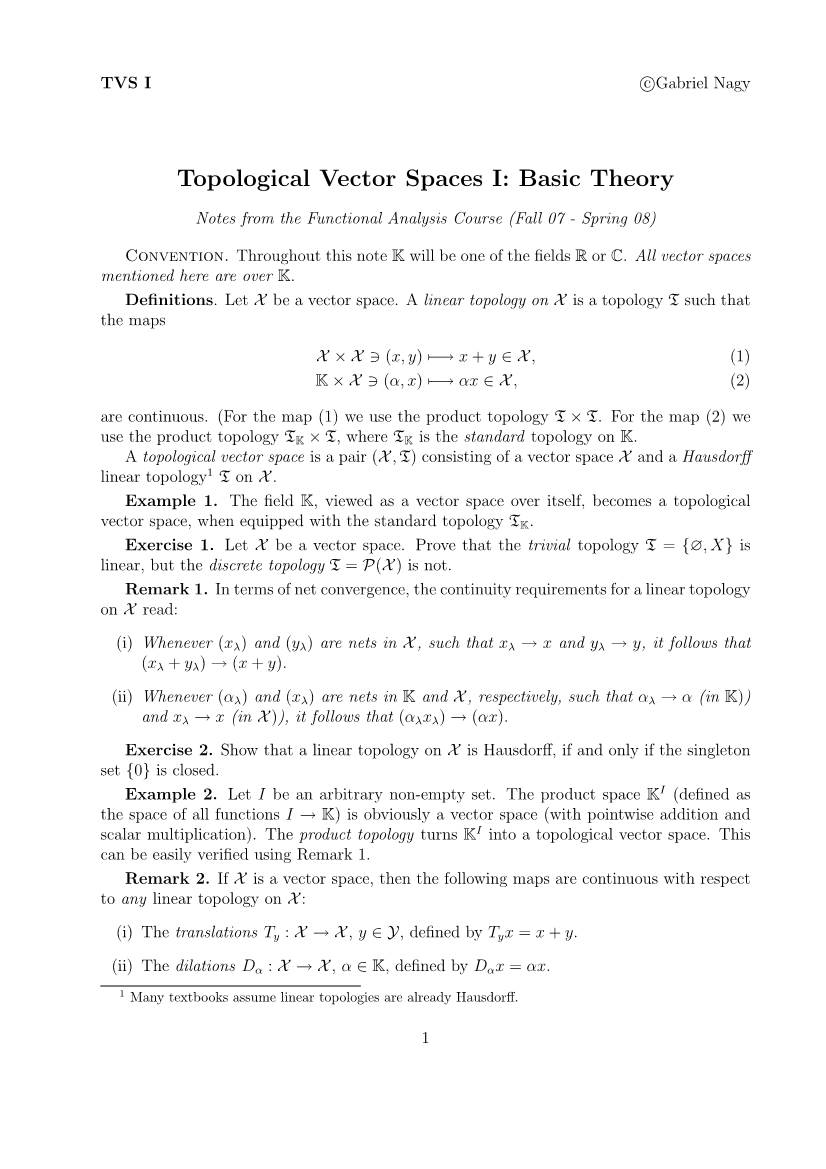 Topological Vector Spaces I: Basic Theory