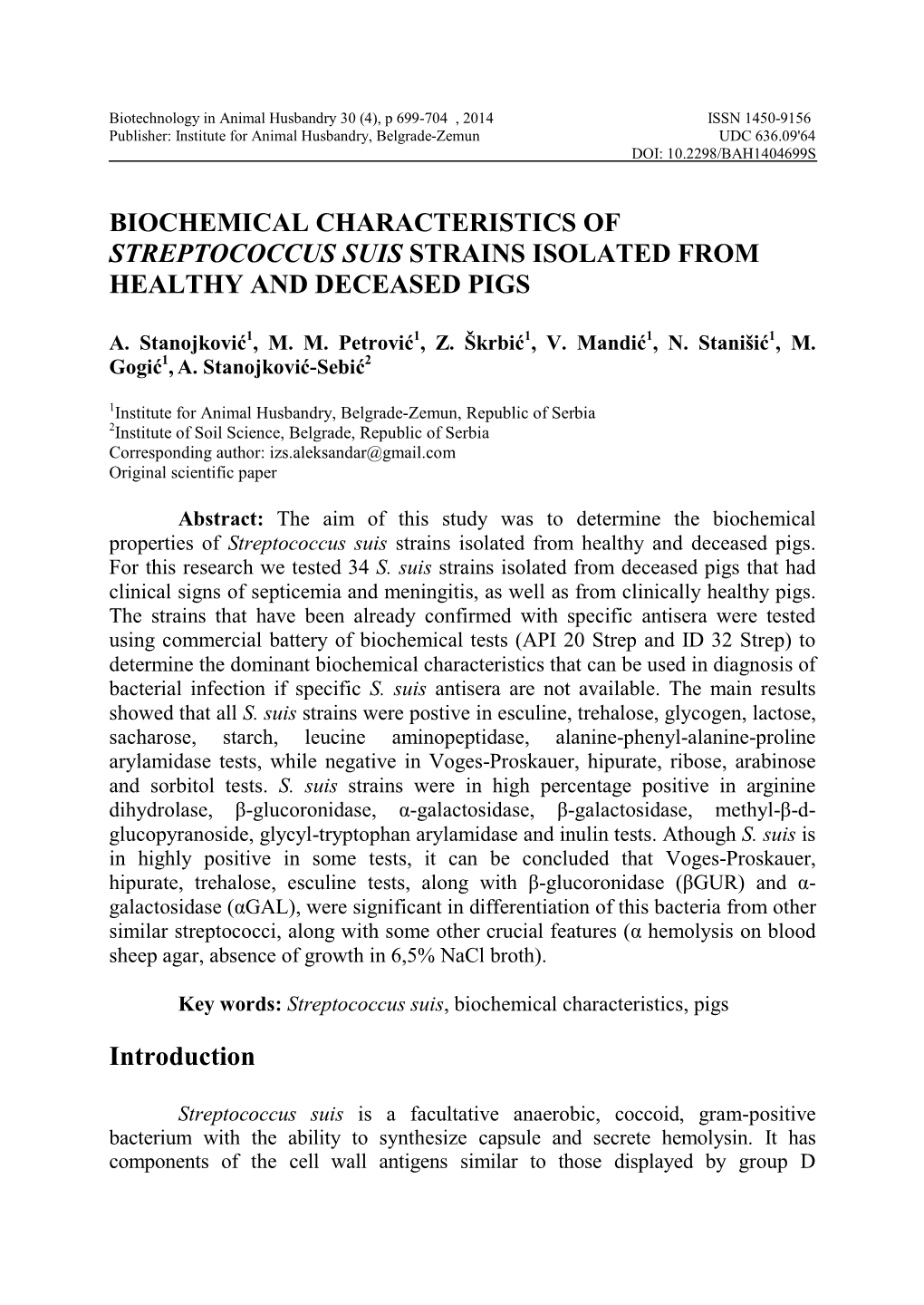 Biochemical Characteristics of Streptococcus Suis Strains Isolated from Healthy and Deceased Pigs