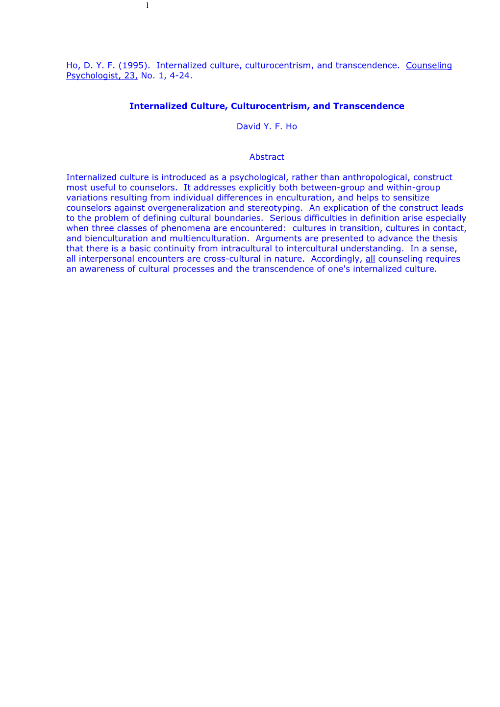 Internalized Culture, Culturocentrism, and Transcendence. Counseling Psychologist, 23, No