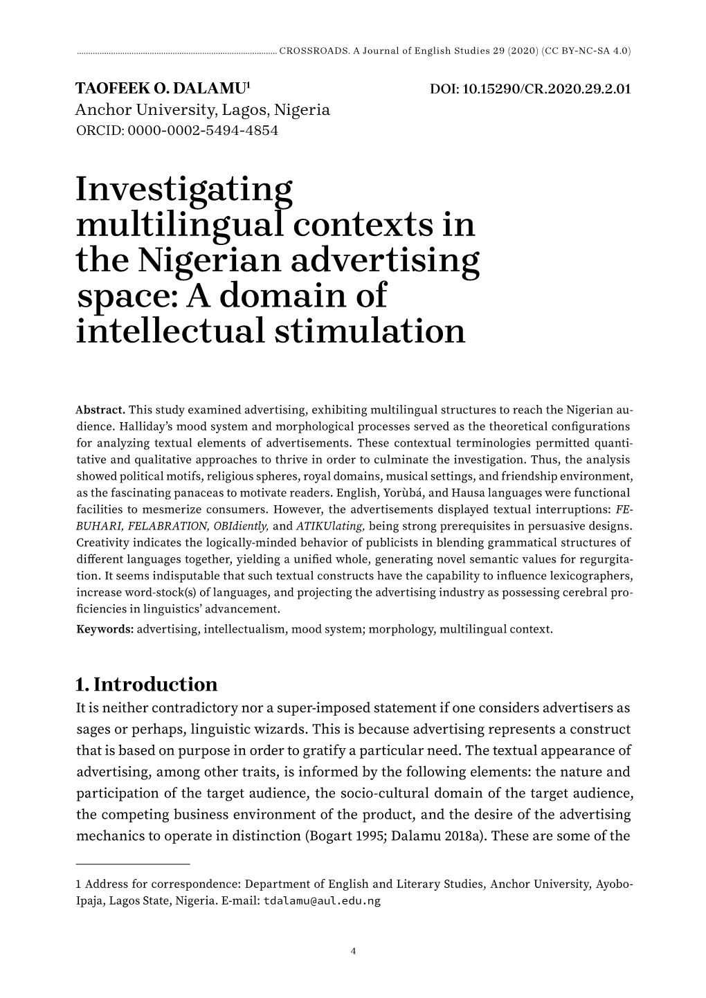 Multilingual Contexts in the Nigerian Advertising Space: a Domain of Intellectual Stimulation