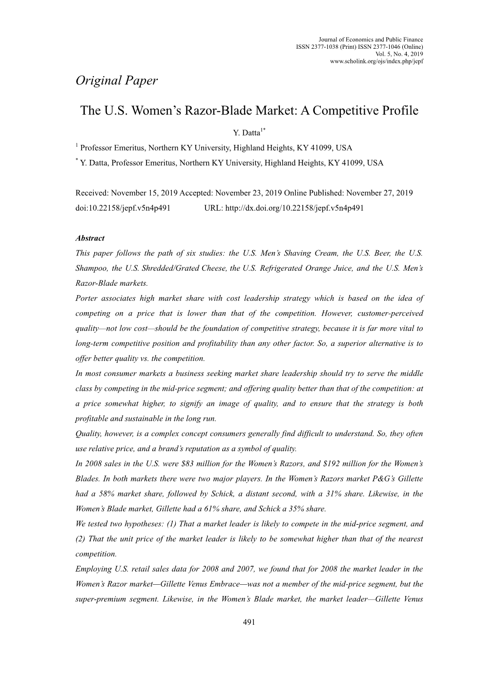 Original Paper the US Women's Razor-Blade Market: a Competitive