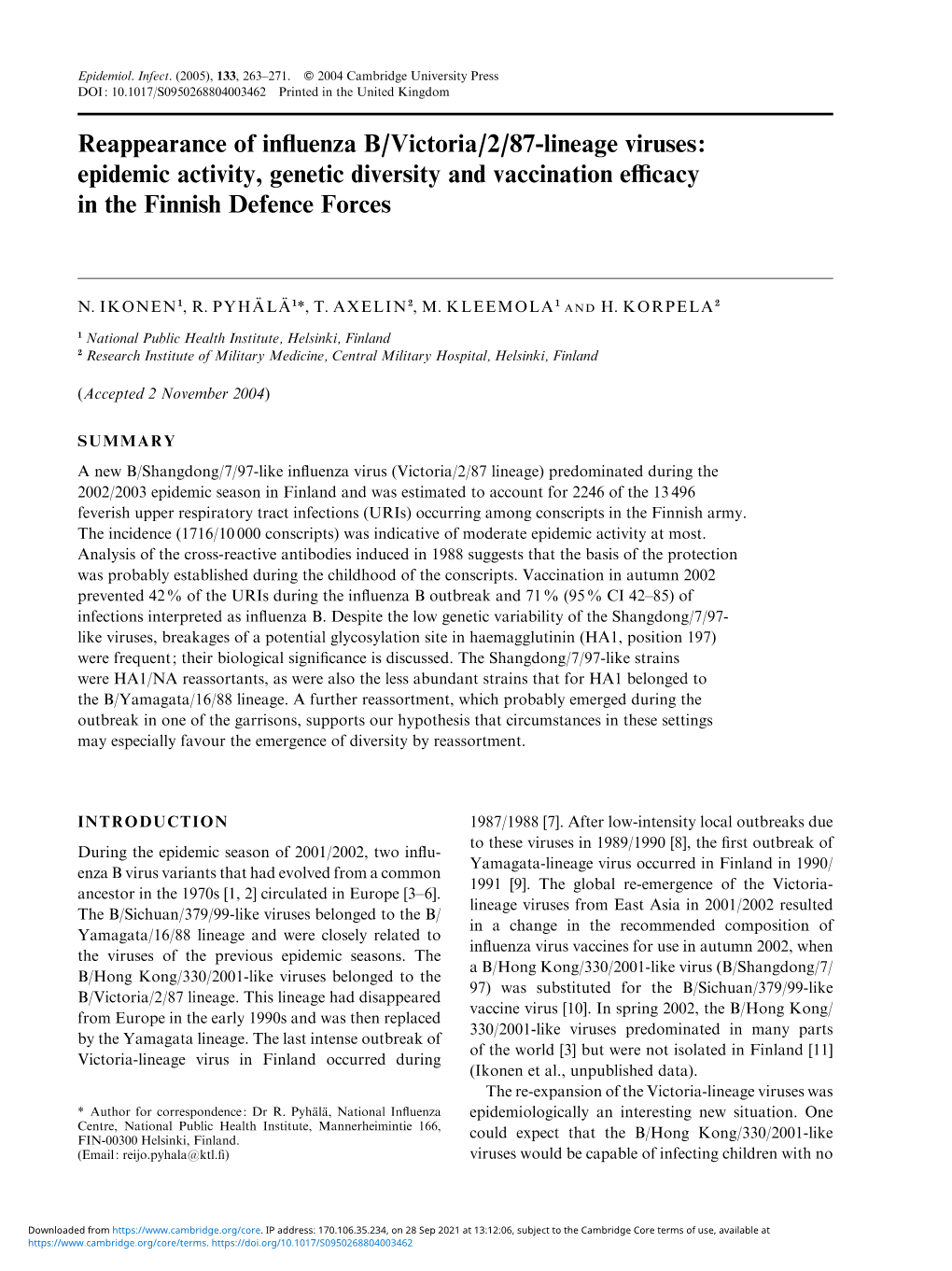 Reappearance of Influenza B/Victoria/2/87-Lineage Viruses