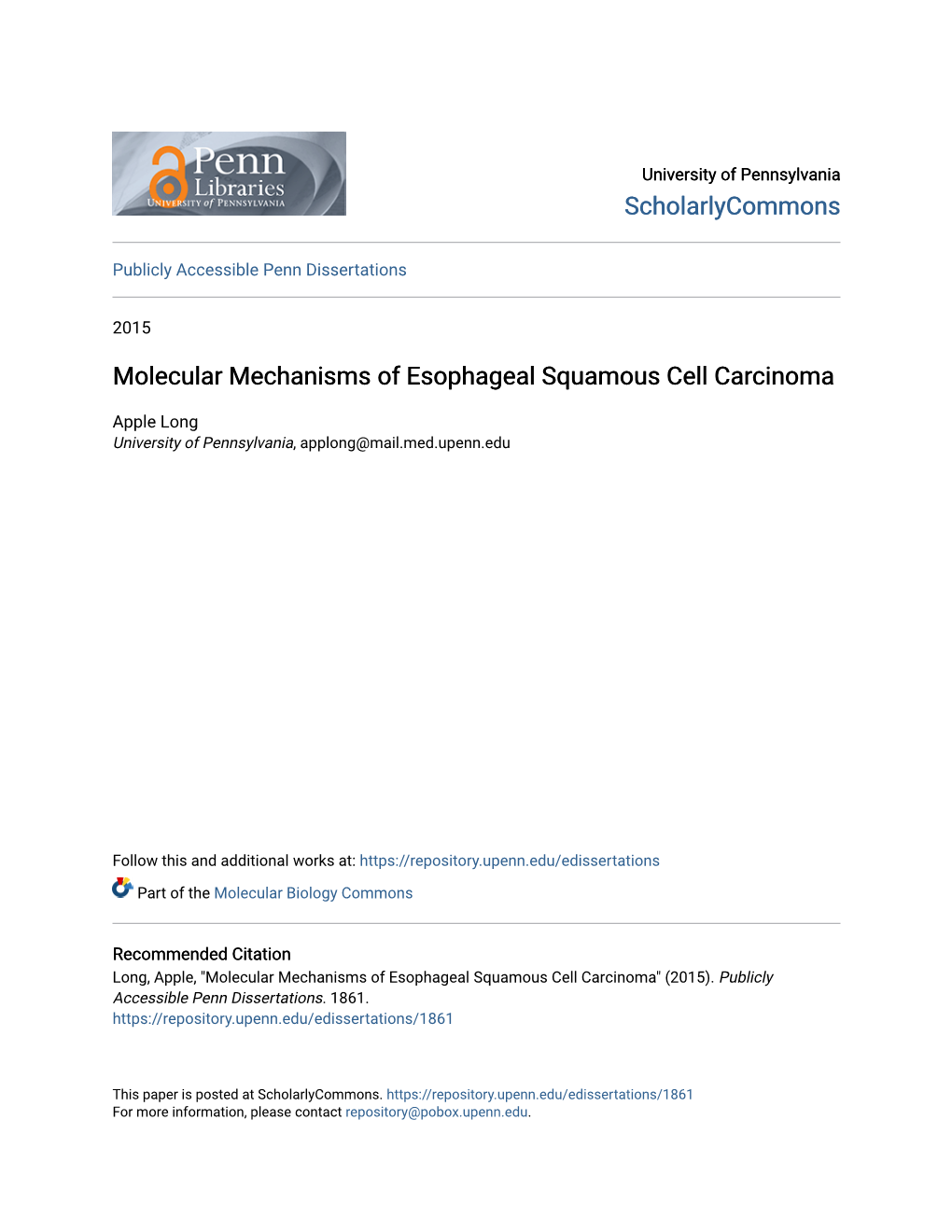 Molecular Mechanisms of Esophageal Squamous Cell Carcinoma