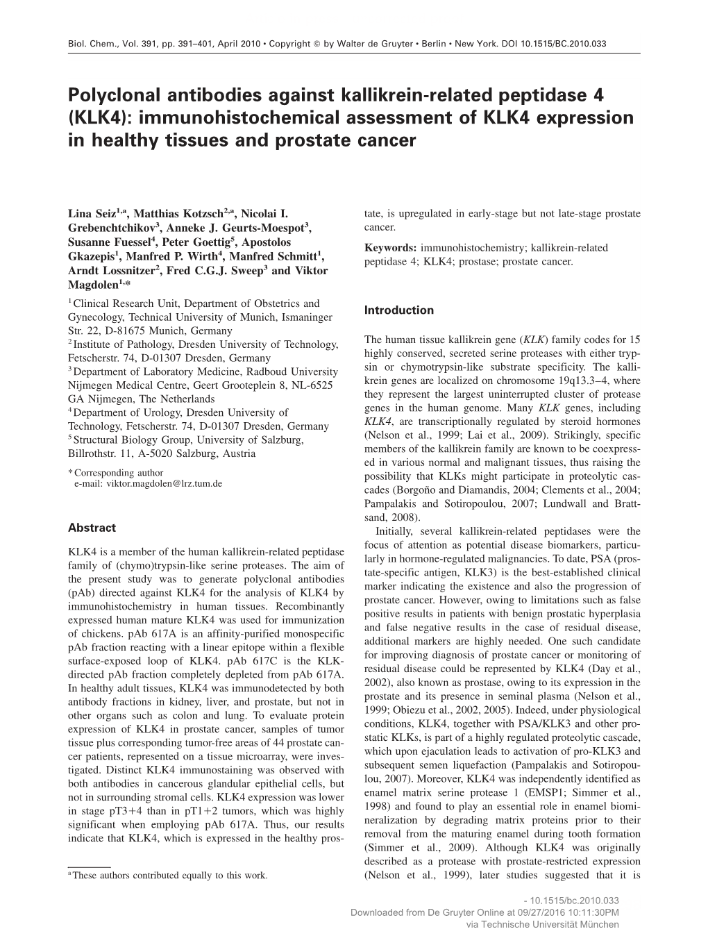 Polyclonal Antibodies Against Kallikrein-Related Peptidase 4 (KLK4): Immunohistochemical Assessment of KLK4 Expression in Healthy Tissues and Prostate Cancer