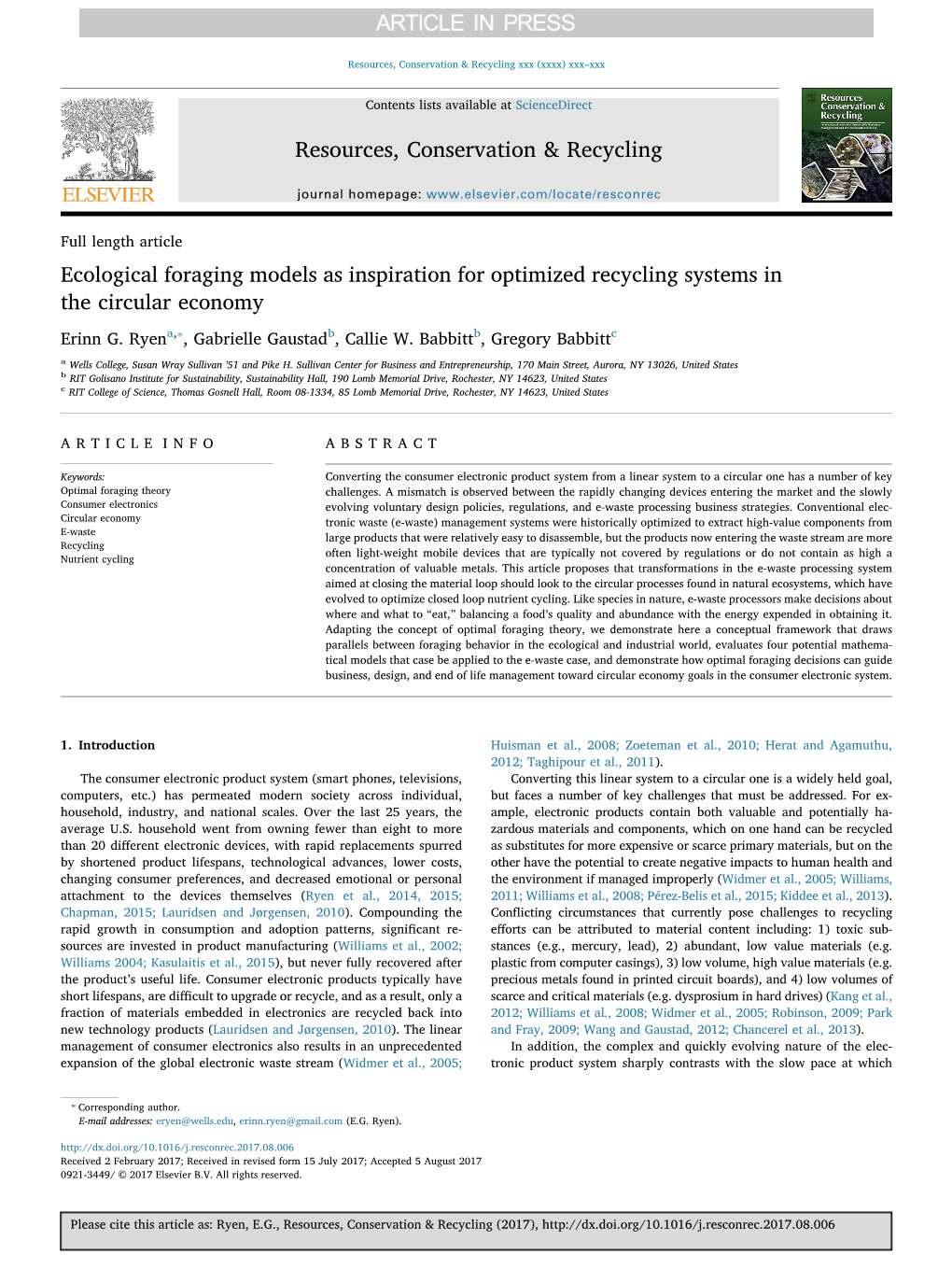 Ecological Foraging Models As Inspiration for Optimized Recycling Systems in the Circular Economy ⁎ Erinn G