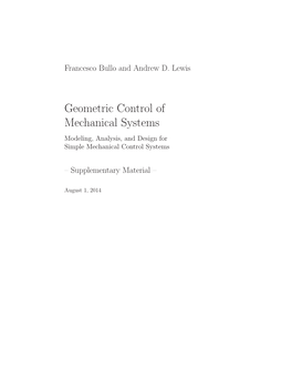 Geometric Control of Mechanical Systems Modeling, Analysis, and Design for Simple Mechanical Control Systems