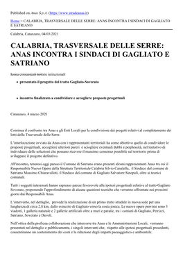 Calabria, Trasversale Delle Serre: Anas Incontra I Sindaci Di Gagliato E Satriano