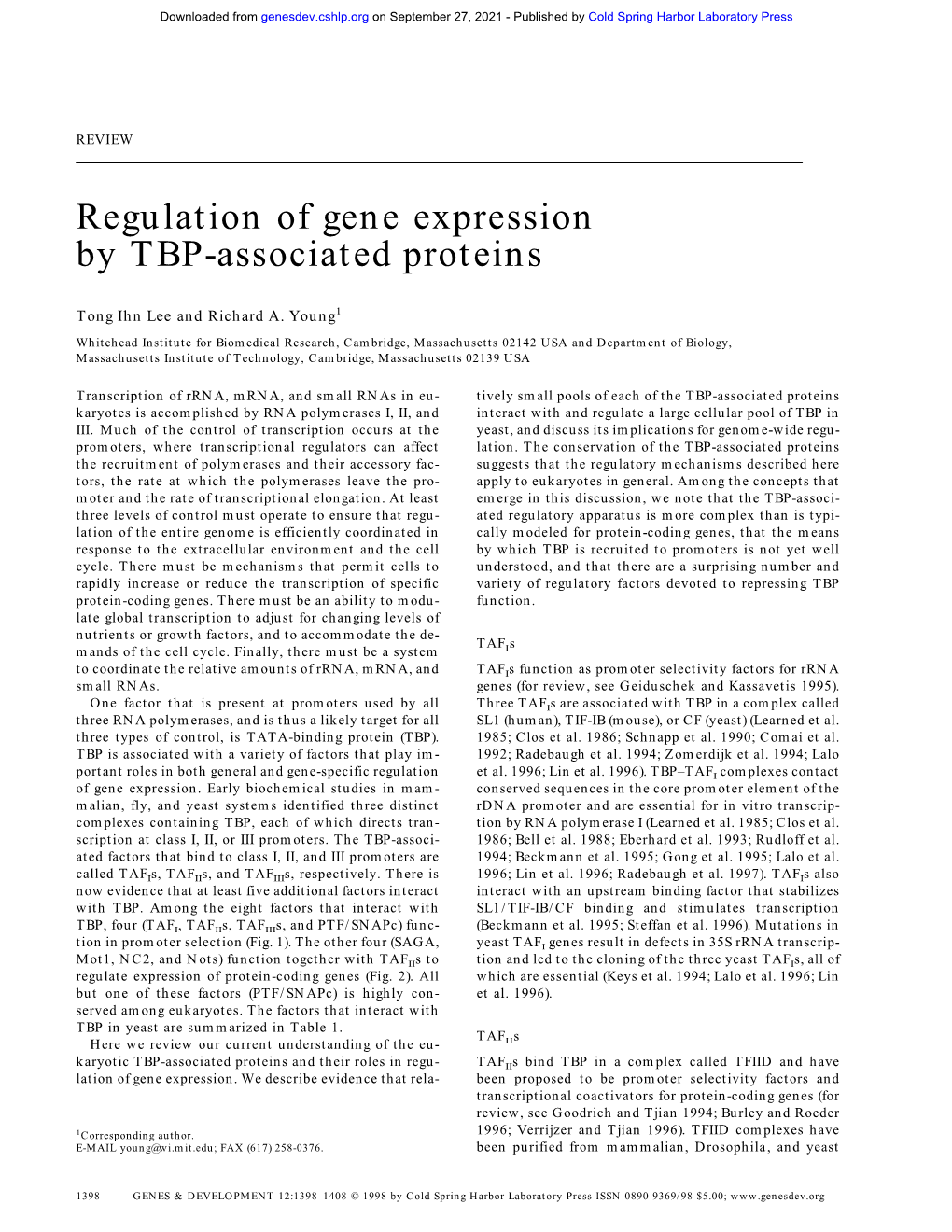 Regulation of Gene Expression by TBP-Associated Proteins