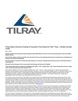 Tilray & Aphria Announce Closing of Transaction That Creates the “New