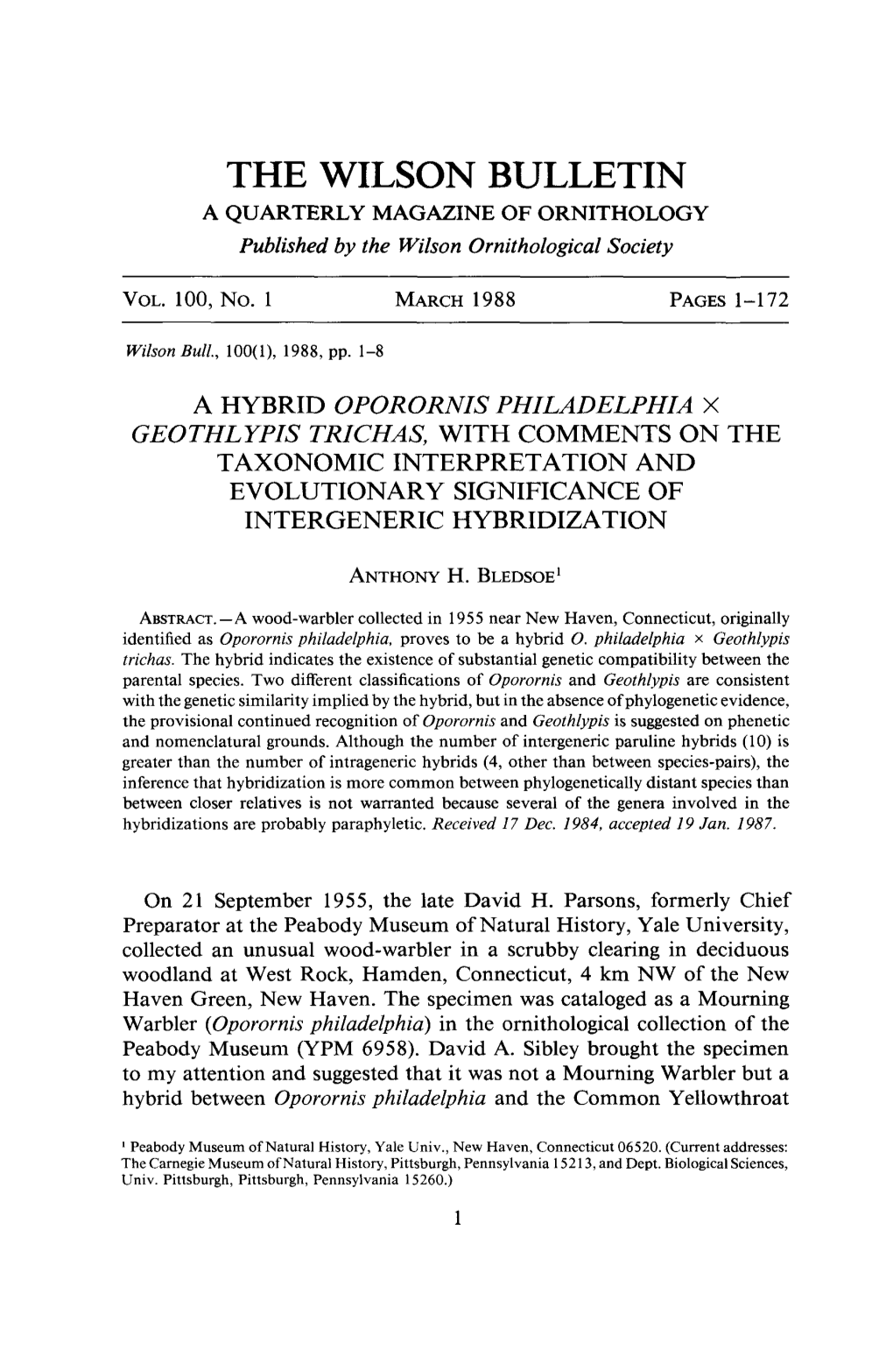 A Hybrid Oporornis Philadelphia X Geothlypis Trichas, with Comments on the Taxonomic Interpretation and Evolutionary Significance of Intergeneric Hybridization