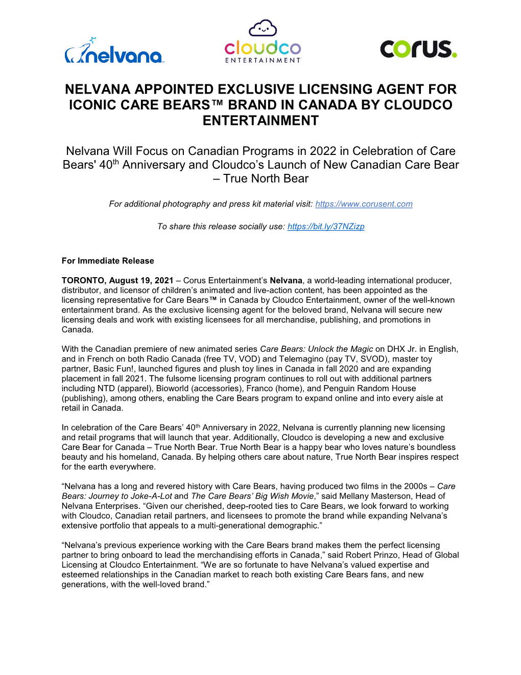 Nelvana Appointed Exclusive Licensing Agent for Iconic Care Bears Brand