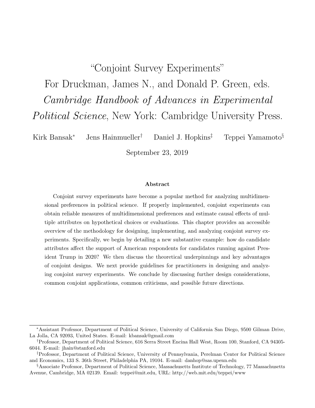 “Conjoint Survey Experiments” for Druckman, James N., and Donald P