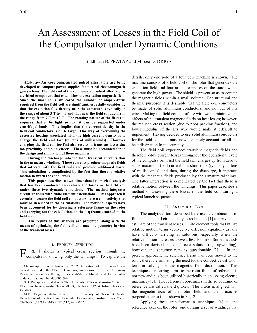 An Assessment of Losses in the Field Coil of the Compulsator Under Dynamic Conditions