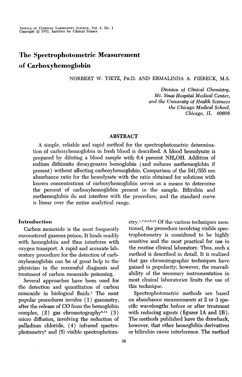 The Spectrophotometric Measurement of Carboxyhemoglobin