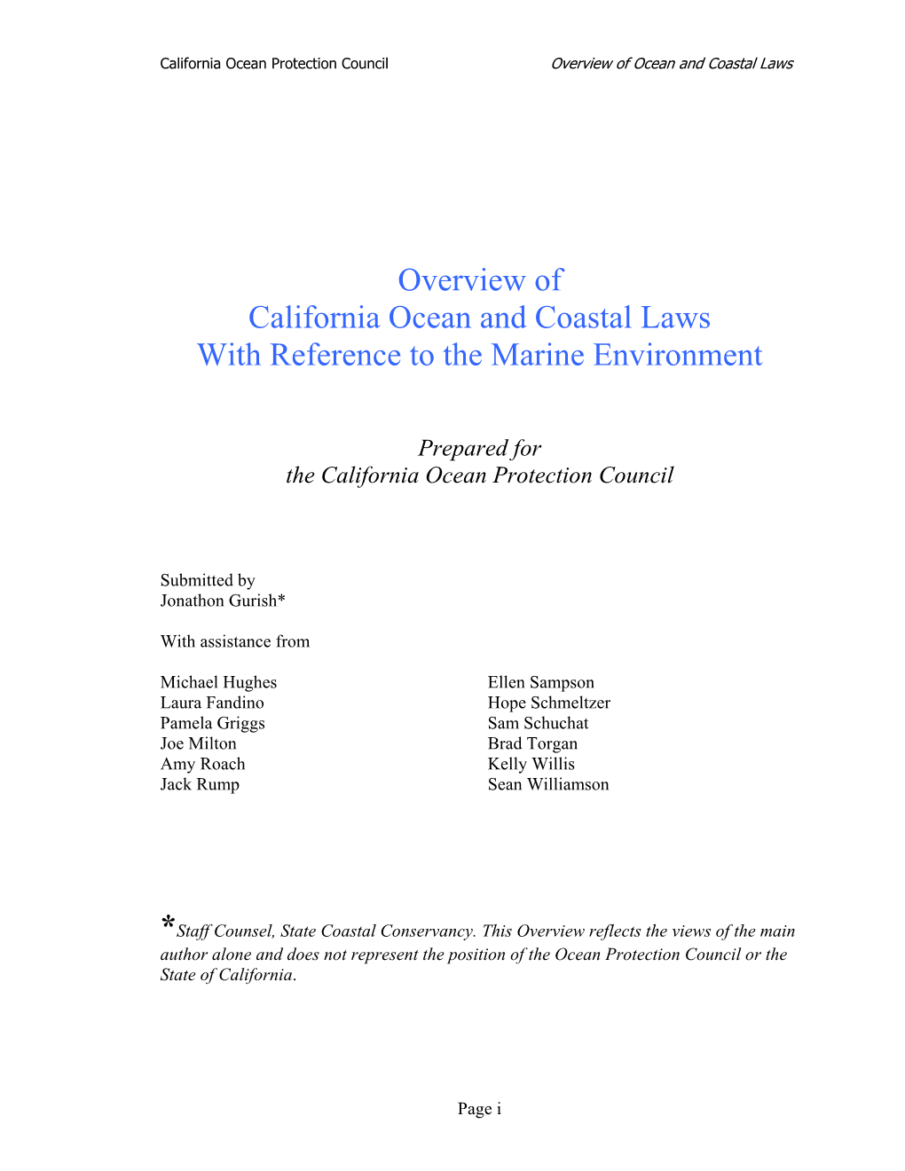 Overview of California Ocean and Coastal Laws with Reference to the Marine Environment