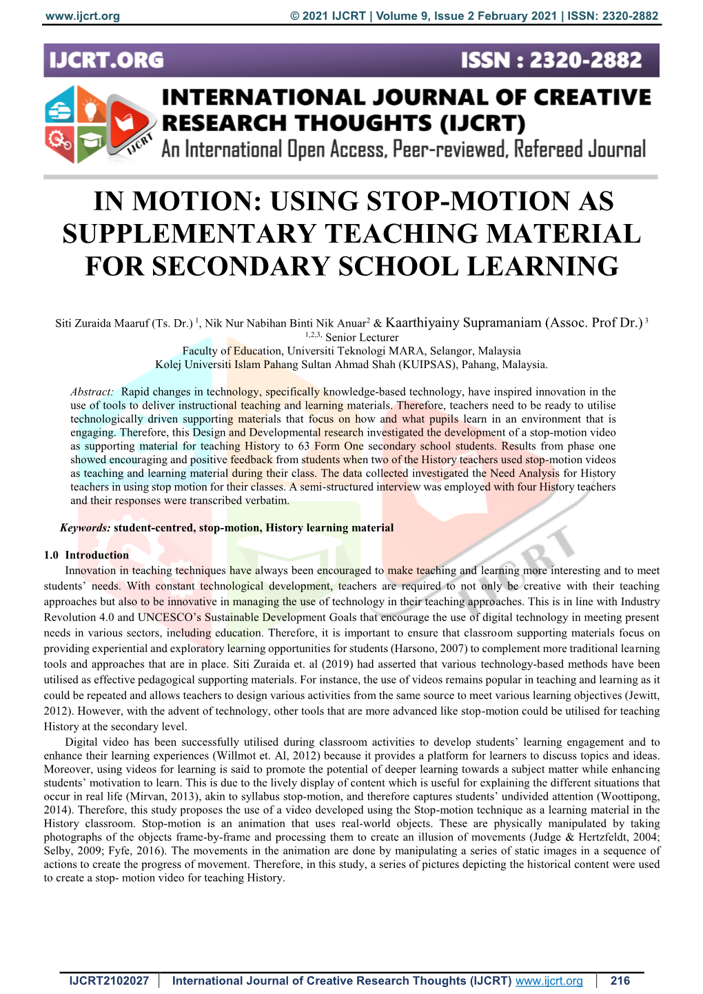 Using Stop-Motion As Supplementary Teaching Material for Secondary School Learning