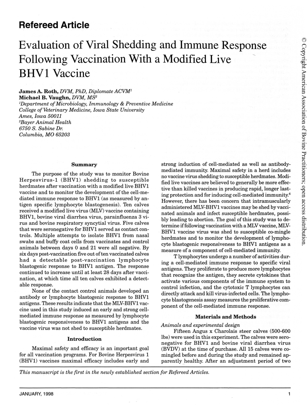 Evaluation of Viral Shedding and Iininune Response Following Vaccination with a Modified Live Bhvl Vaccine