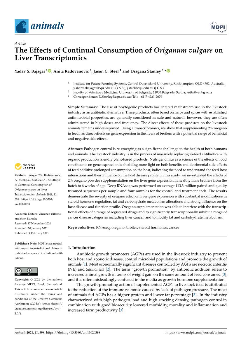 The Effects of Continual Consumption of Origanum Vulgare on Liver Transcriptomics