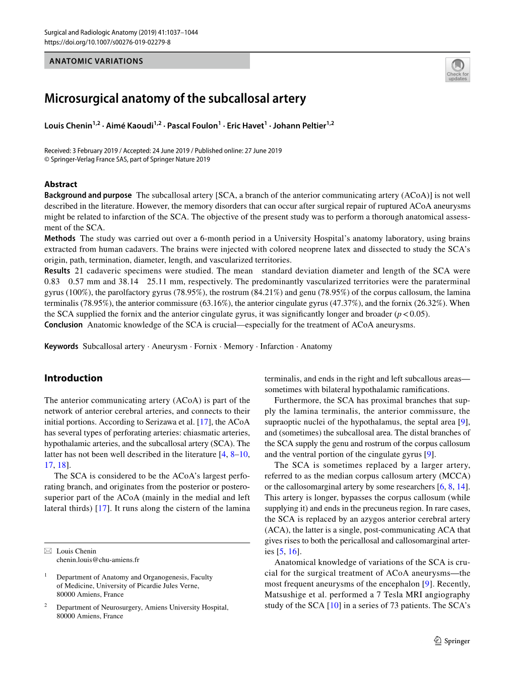 Microsurgical Anatomy of the Subcallosal Artery