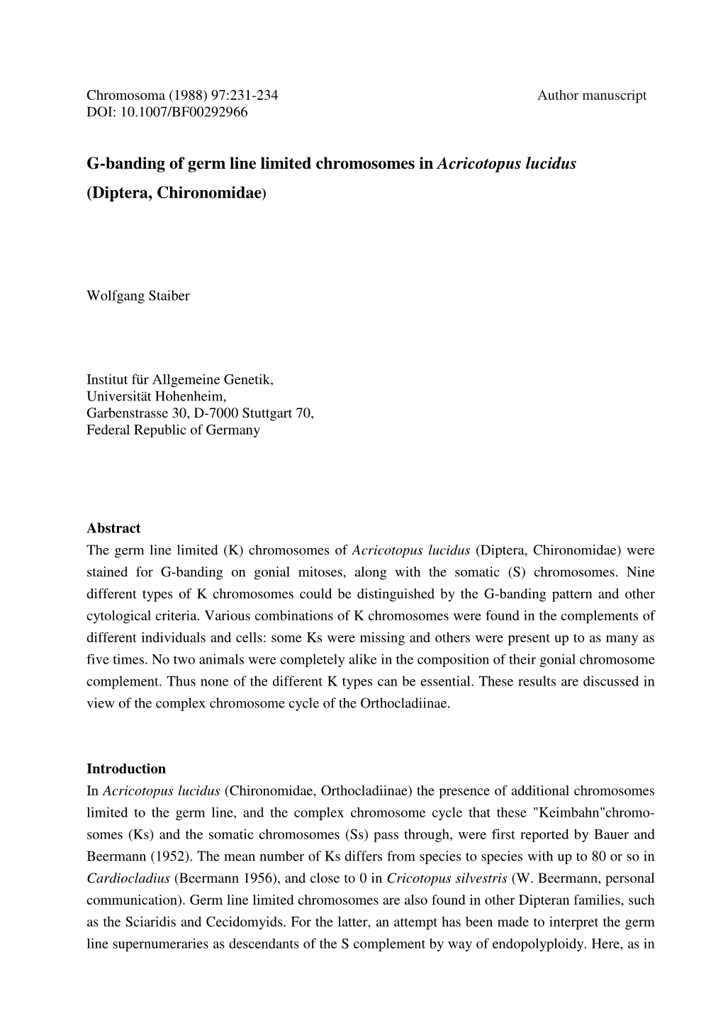 G-Banding of Germ Line Limited Chromosomes in Acricotopus Lucidus (Diptera, Chironomidae )