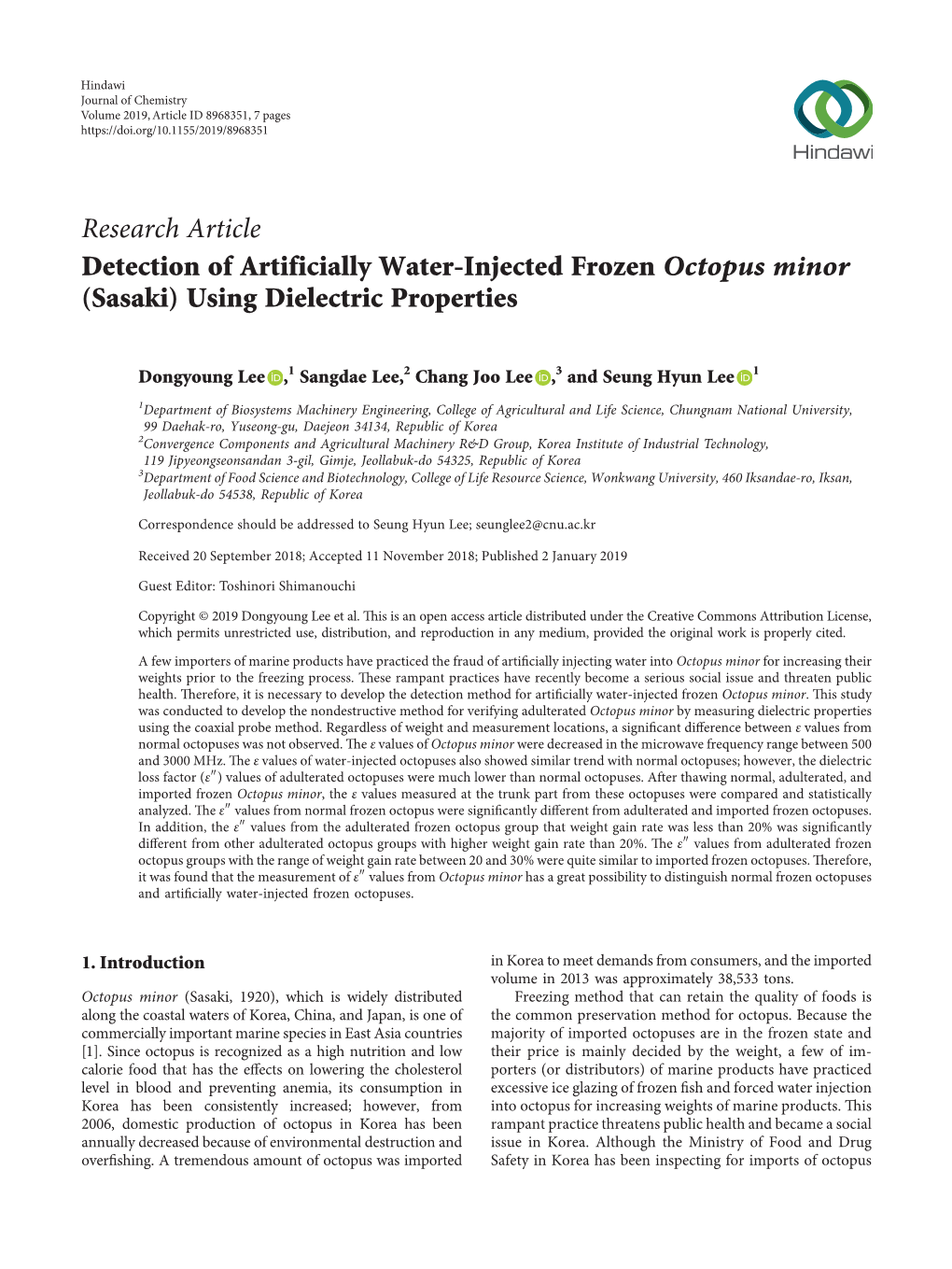 Detection of Artificially Water-Injected Frozen Octopus Minor (Sasaki) Using Dielectric Properties