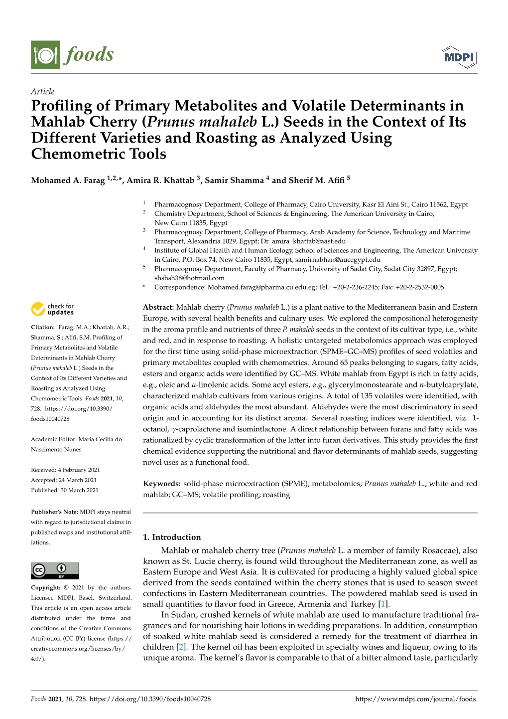 Prunus Mahaleb L.) Seeds in the Context of Its Different Varieties and Roasting As Analyzed Using Chemometric Tools