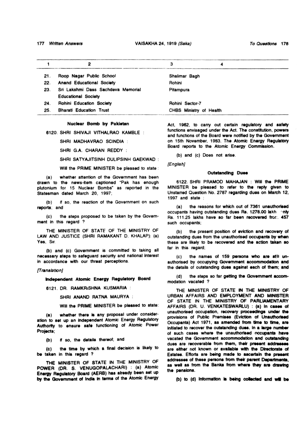 177 Written Answers (Saka) to Questions 178