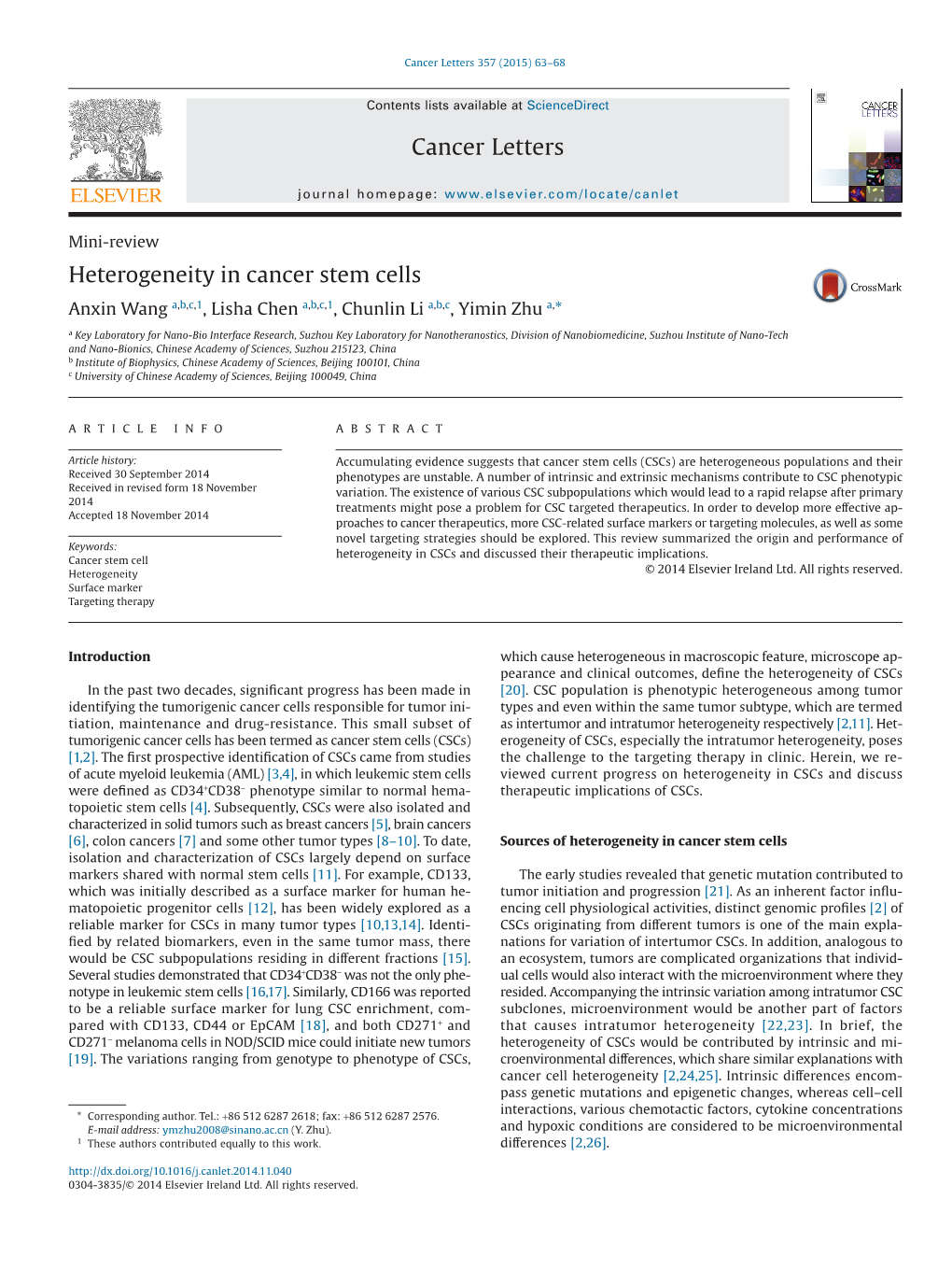 Heterogeneity in Cancer Stem Cells