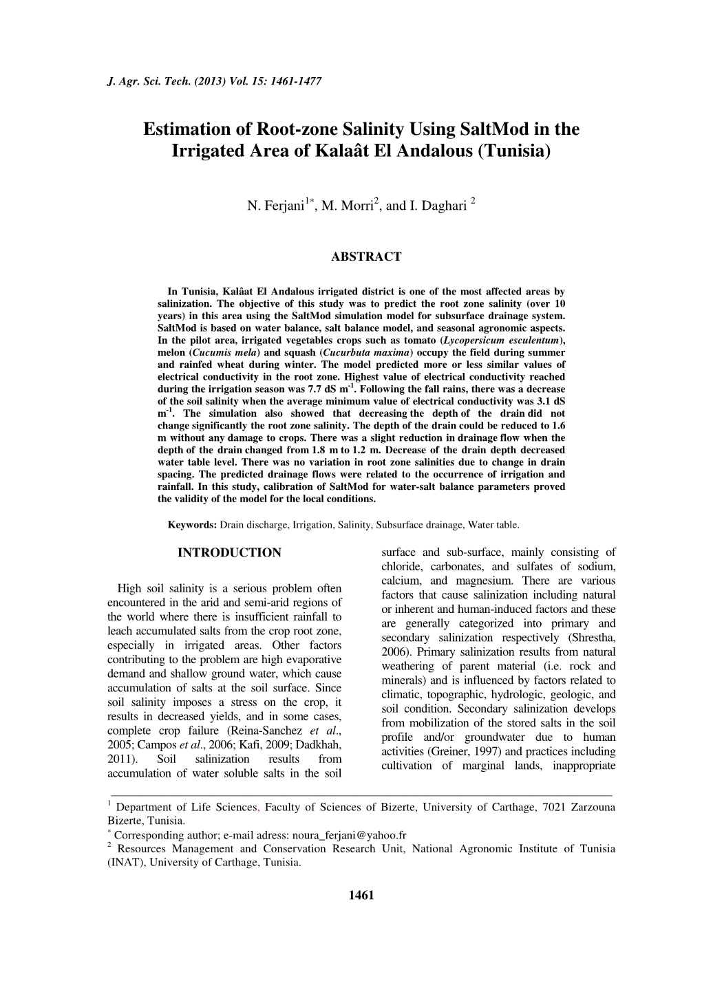 Estimation of Root-Zone Salinity Using Saltmod in the Irrigated Area of Kalaât El Andalous (Tunisia)