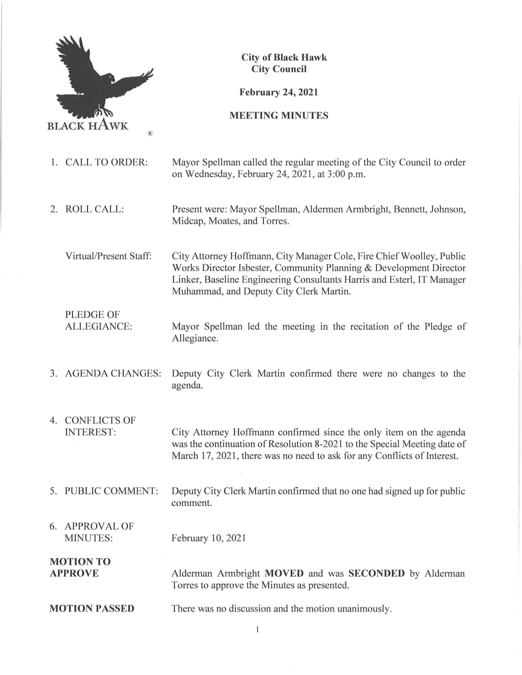 City of Black Hawk City Council February 24, 2021 MEETING
