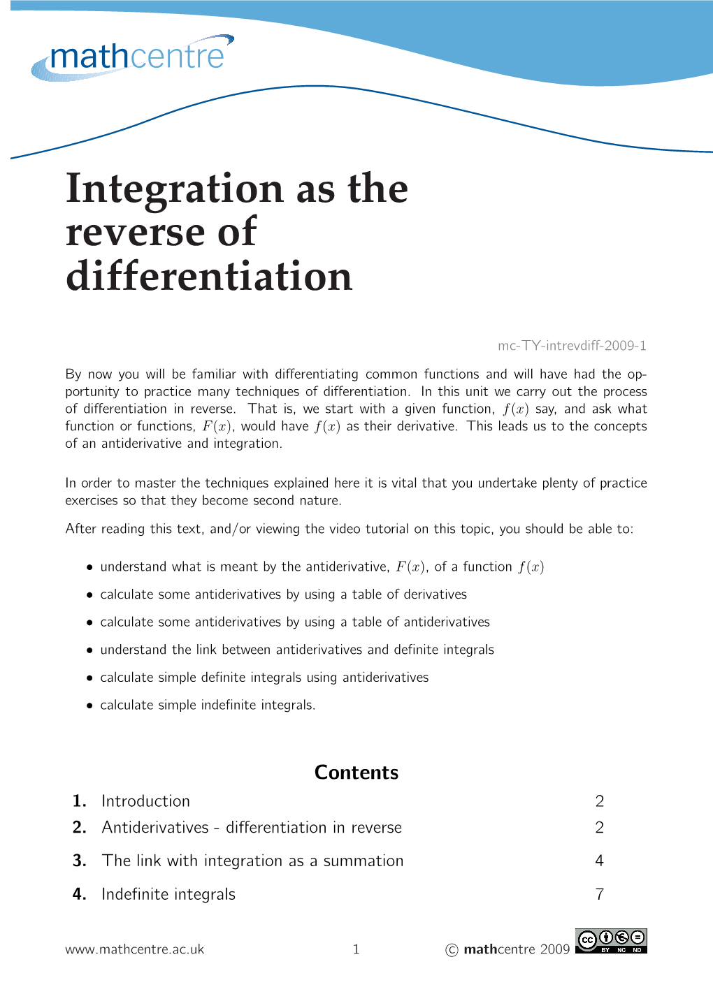 Integration As the Reverse of Differentiation