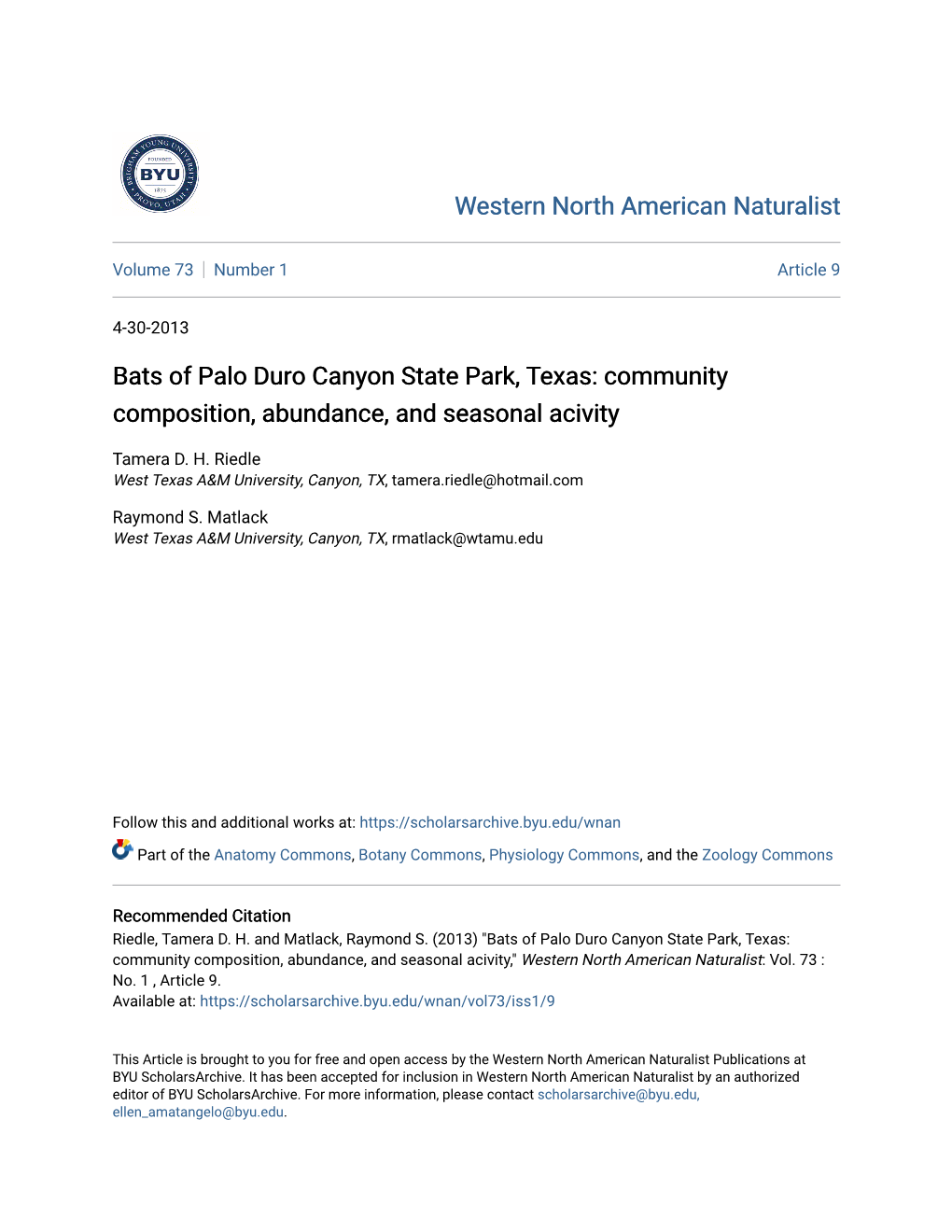 Bats of Palo Duro Canyon State Park, Texas: Community Composition, Abundance, and Seasonal Acivity