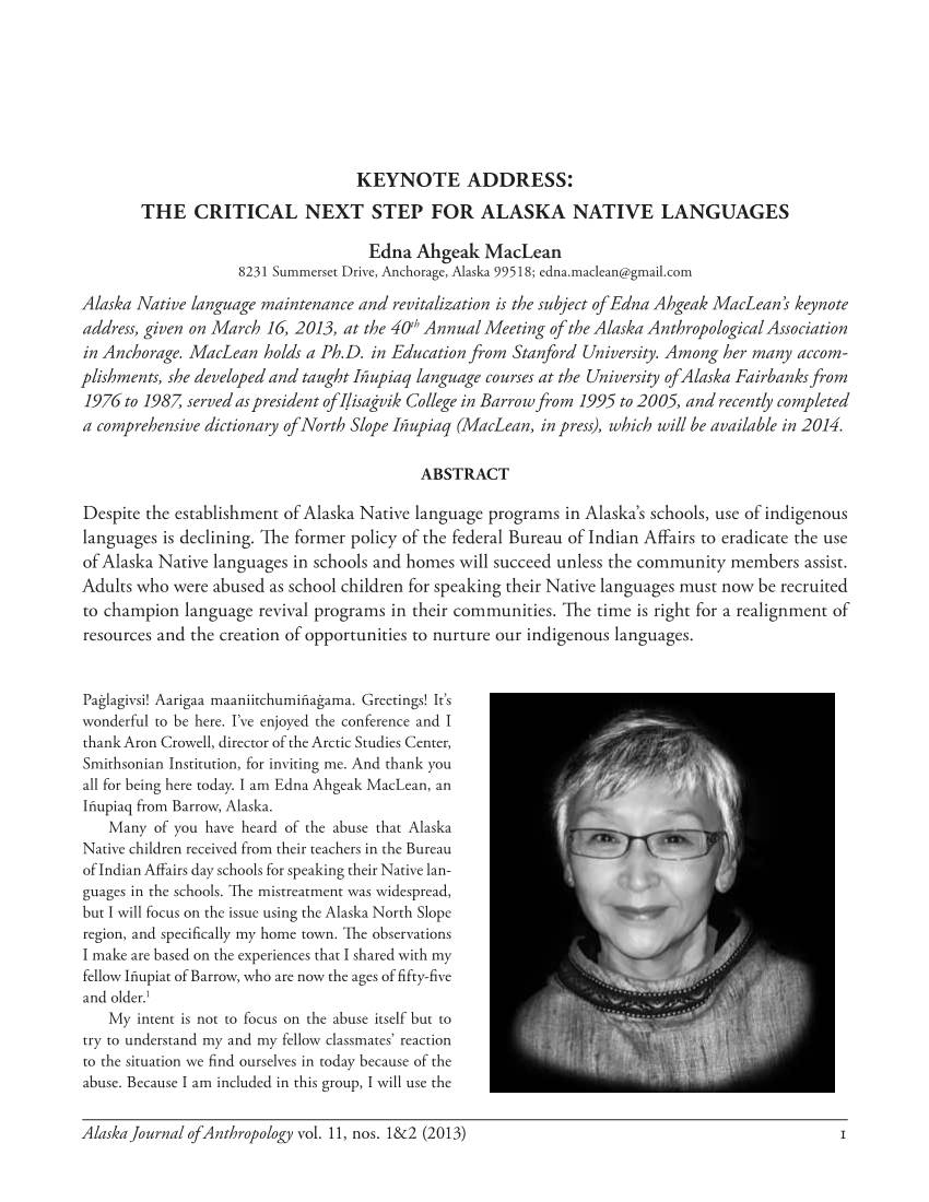 Keynote Address the Critical Next Step for Alaska Native Languages Edna Ahgeak Maclean