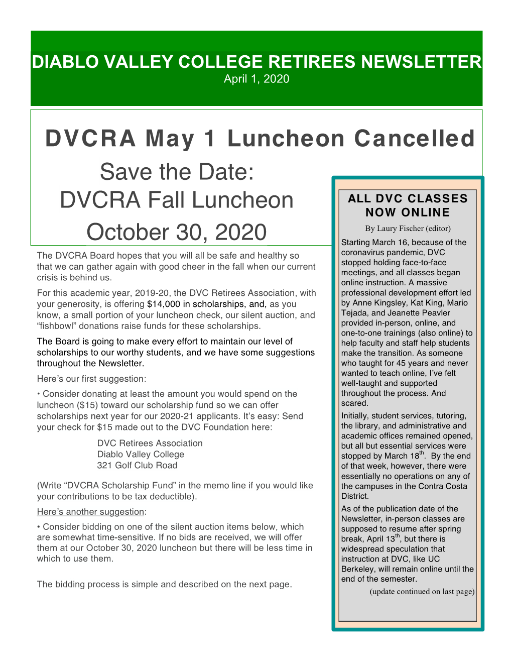 DVCRA Fall Luncheon October 30, 2020