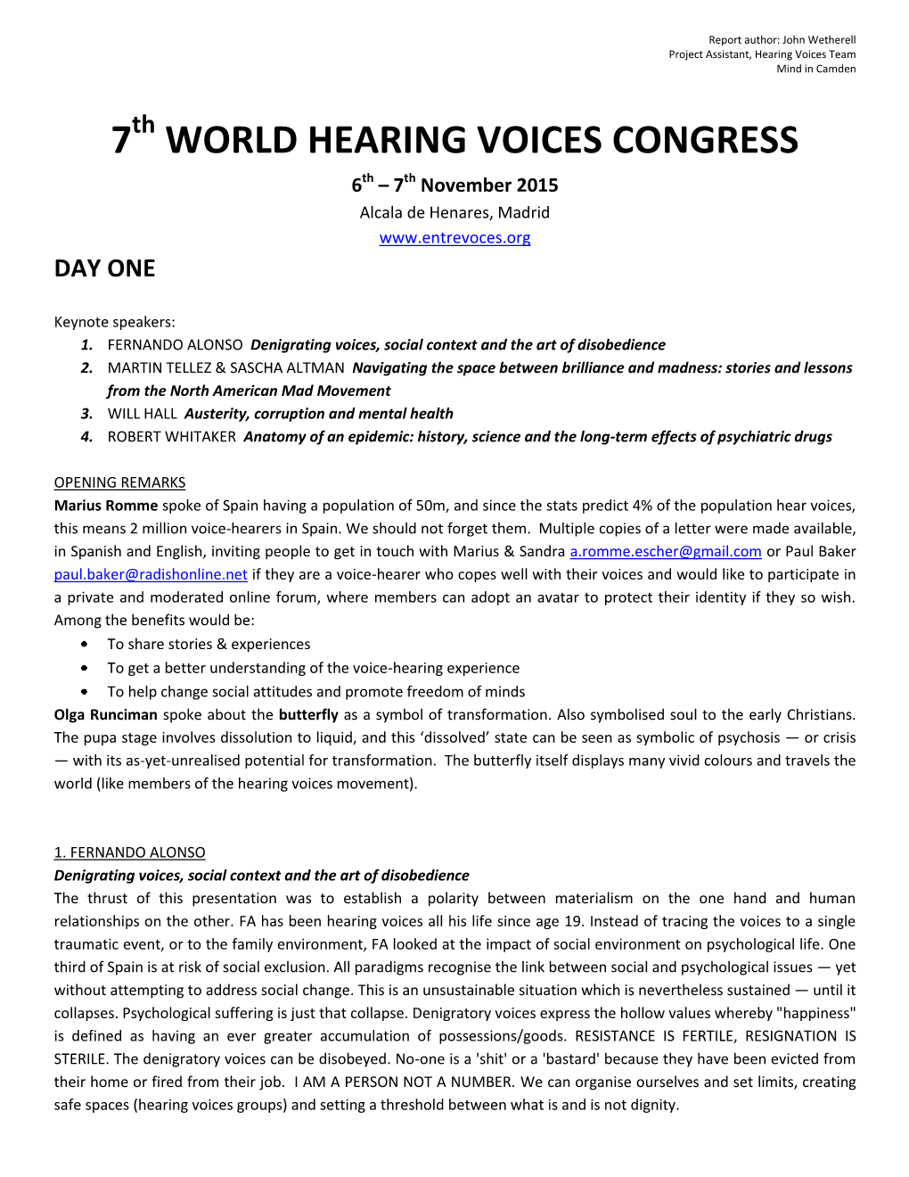 World Hearing Voices Congress Report