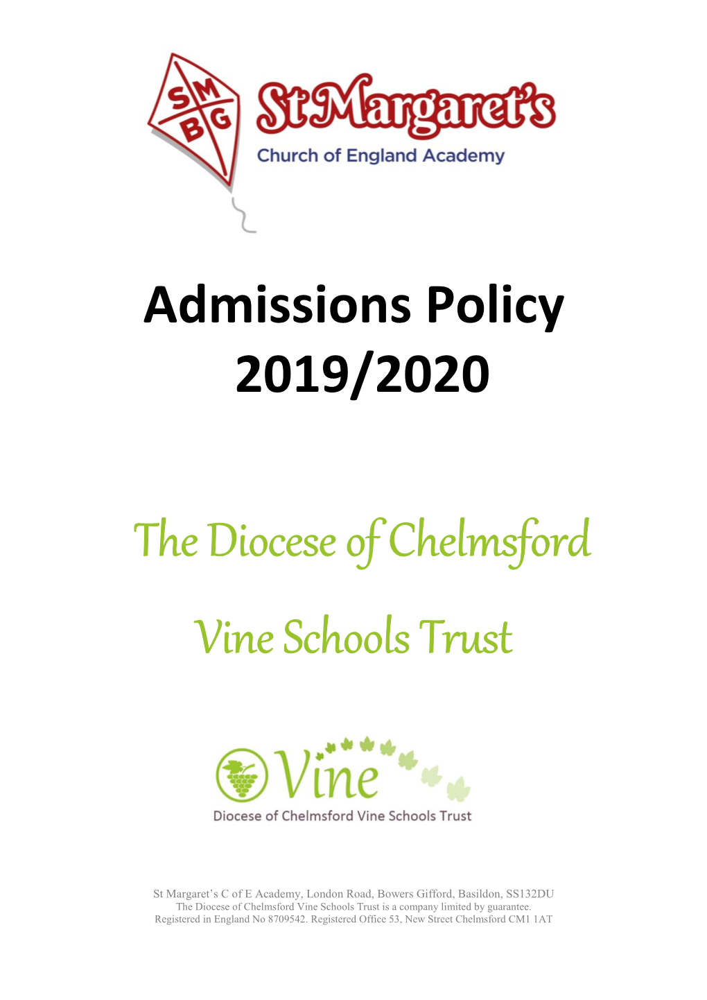 Admissions Policy 2019/2020 Thediocese of Chelmsford Vine