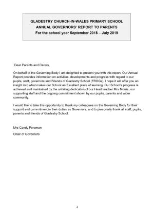 GLADESTRY CHURCH-IN-WALES PRIMARY SCHOOL ANNUAL GOVERNORS’ REPORT to PARENTS for the School Year September 2018 – July 2019