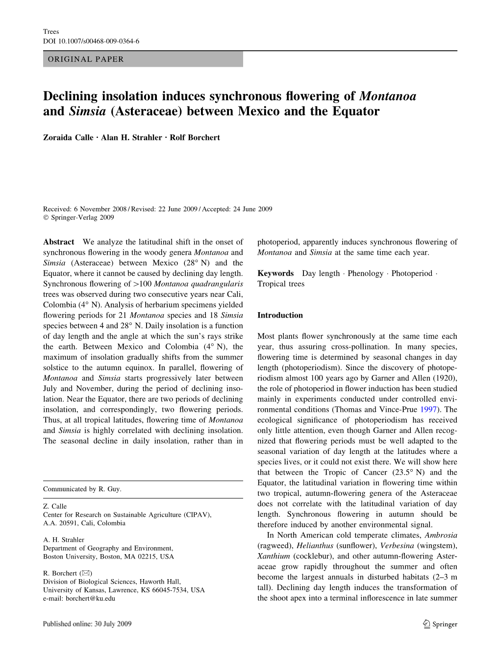 Declining Insolation Induces Synchronous Flowering of Montanoa