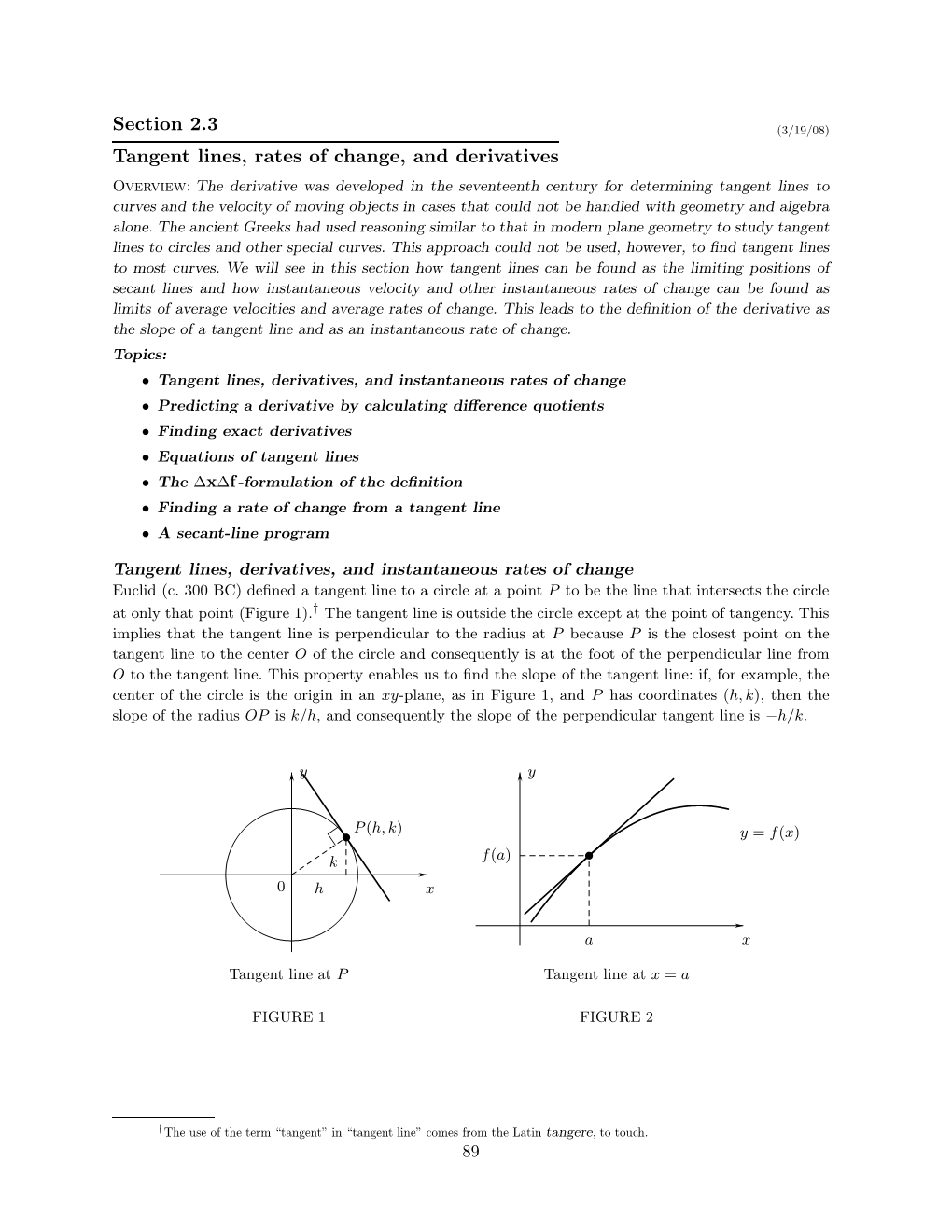 Section 2.3 Tangent Lines, Rates of Change, and Derivatives