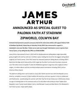 James Arthur Announced As Special Guest to Paloma Faith at Stadiwm