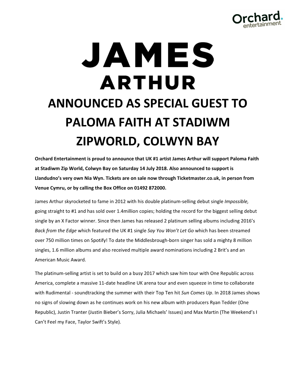 James Arthur Announced As Special Guest to Paloma Faith at Stadiwm